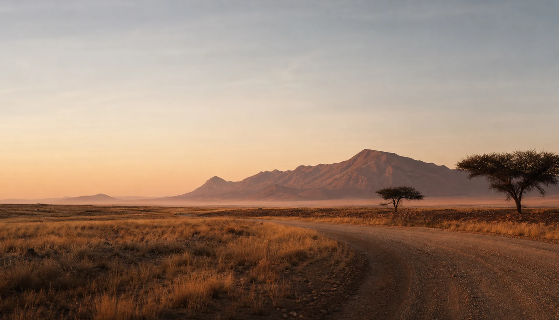 Route de gravier dans un paysage aride de Namibie au lever du jour