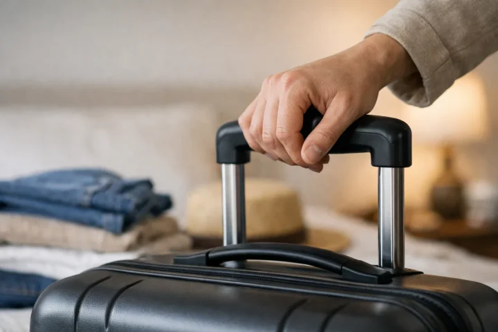 Main tenant la poignée d’une valise préparée avant un vol