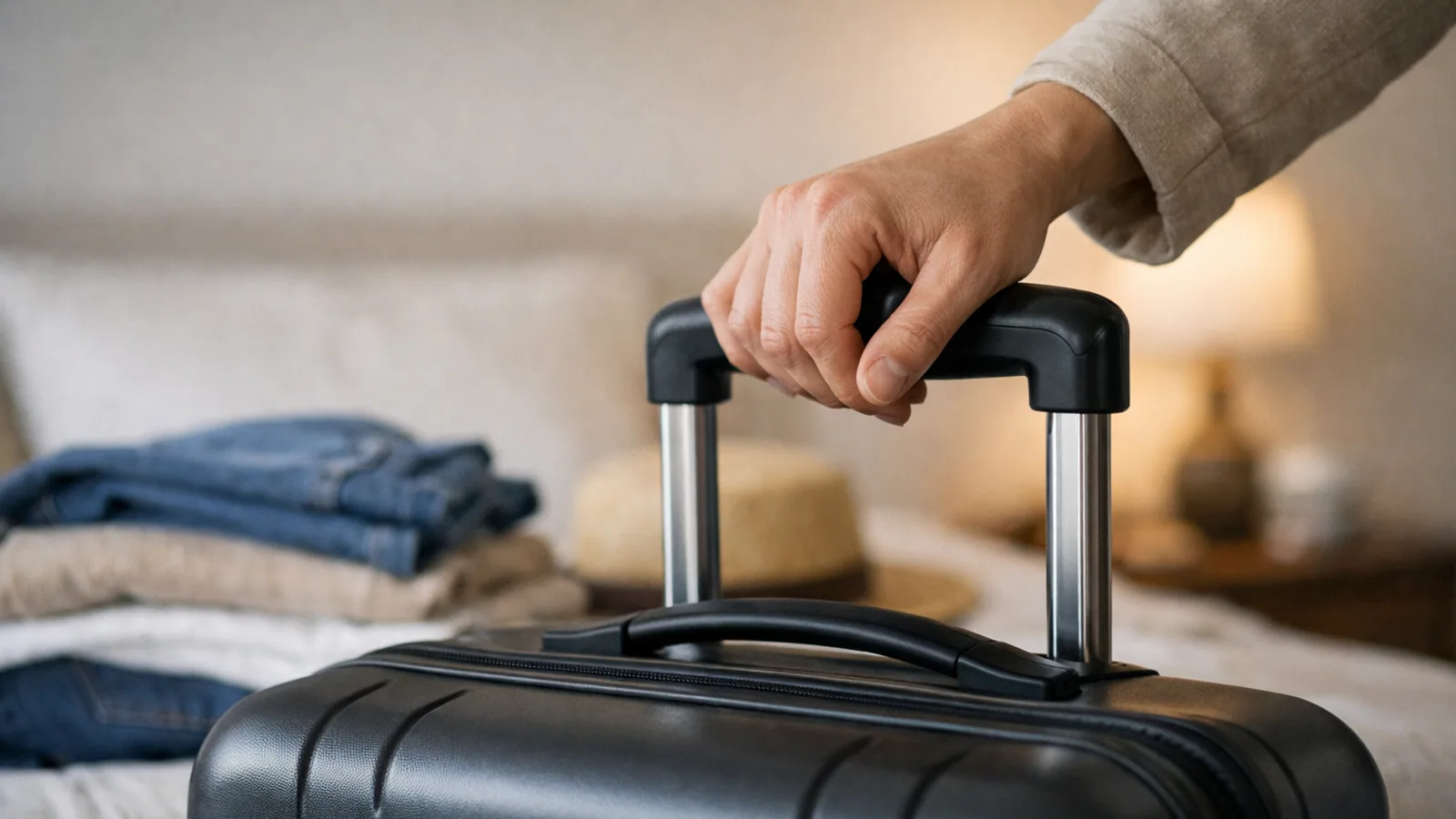Main tenant la poignée d’une valise préparée avant un vol