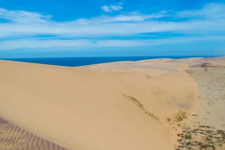 Dunes de sable clair rejoignant un océan bleu sous un ciel dégagé